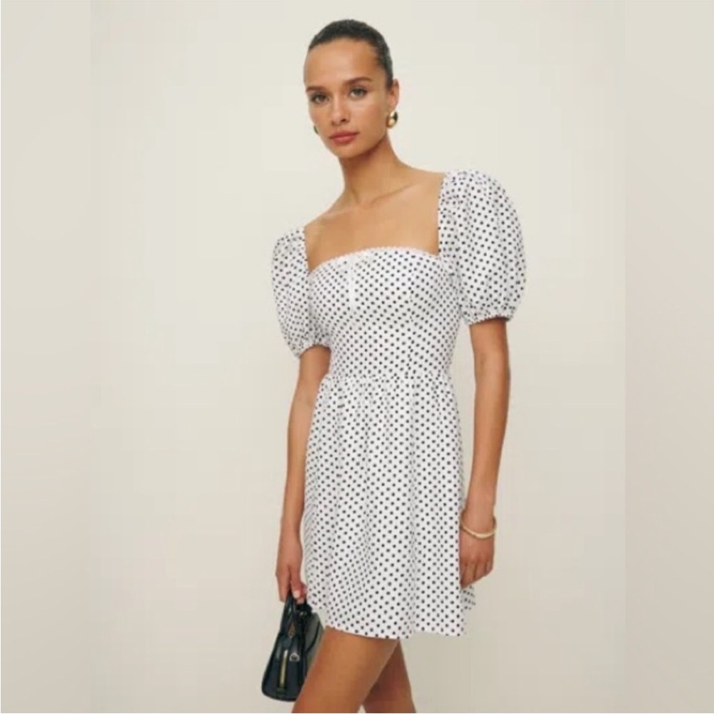 Reformation White Polka Dot Puff Sleeve Mini Dress